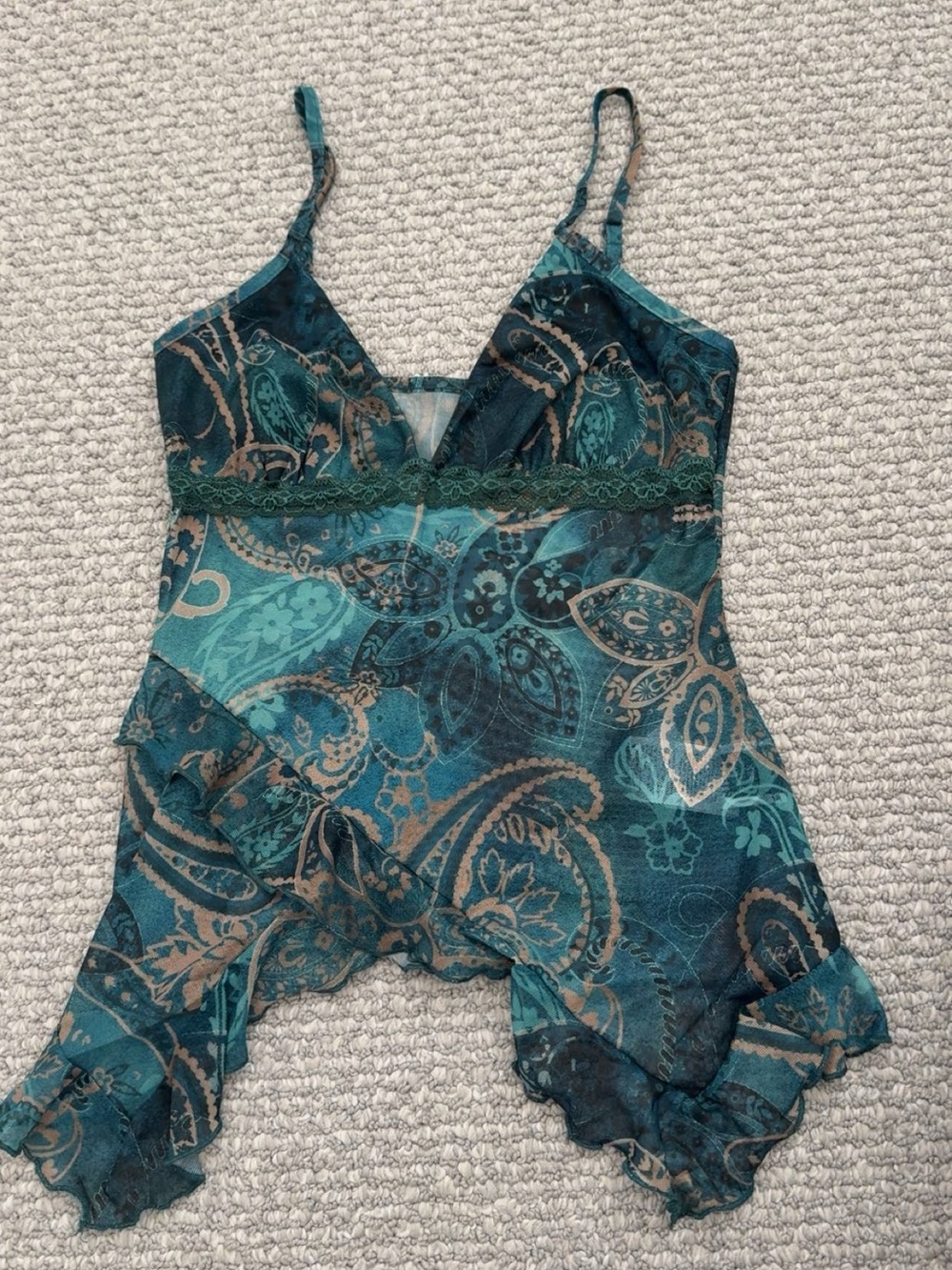 Y2K style Floral Print Teal and Tan Paisley Lace-Trim Camisole
